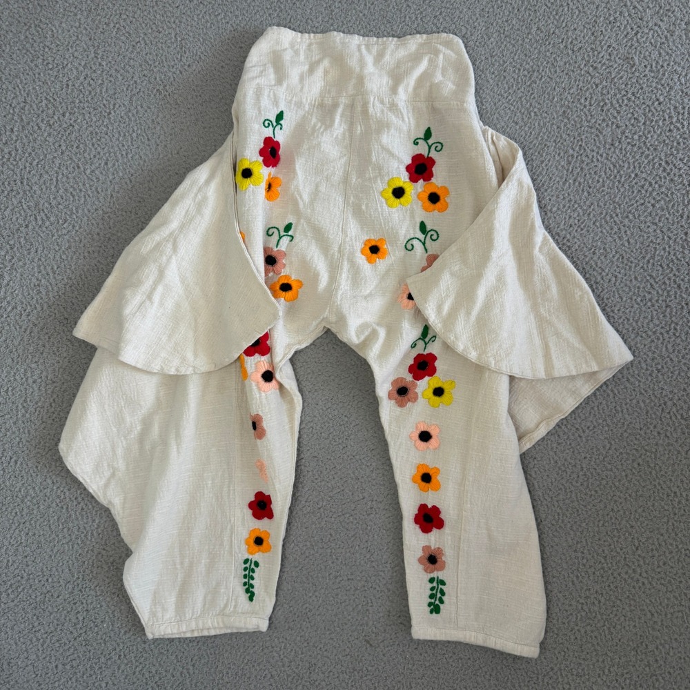 Vintage 90s Boho Embroidered Pants Medium Cotton Harem Slouchy Hippie Chic